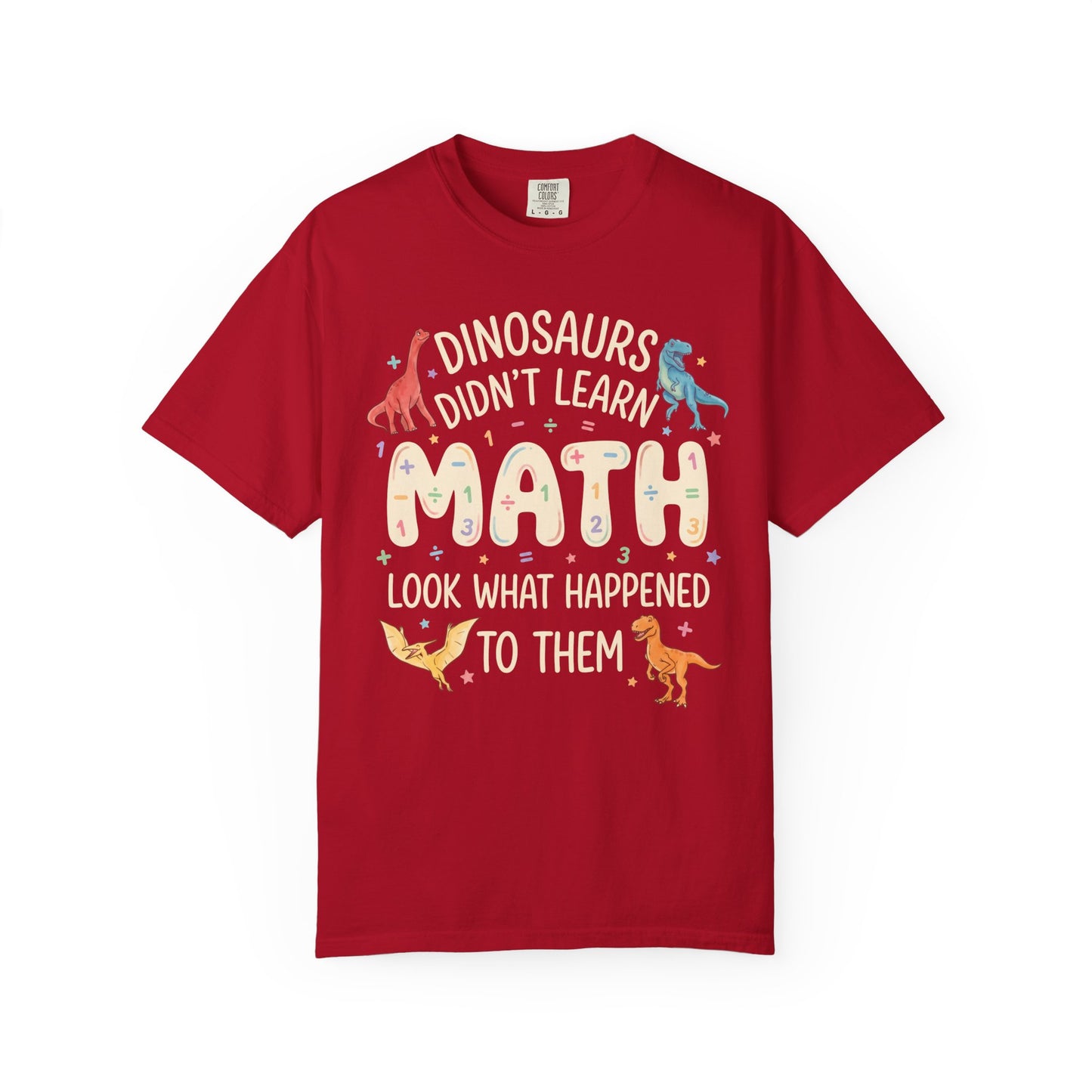 Red t-shirt with dinosaur-themed text on a white background