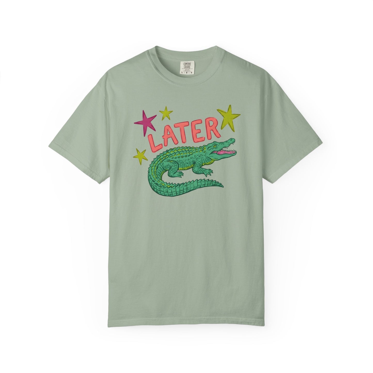 bay t-shirts with alligator graphics on front "later gator" and the text on back i"n a while crocodile"a plain background