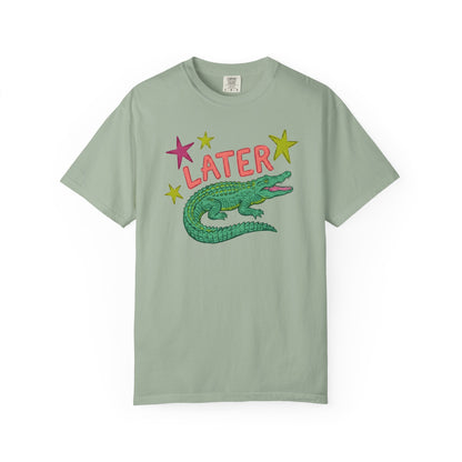 bay t-shirts with alligator graphics on front "later gator" and the text on back i"n a while crocodile"a plain background