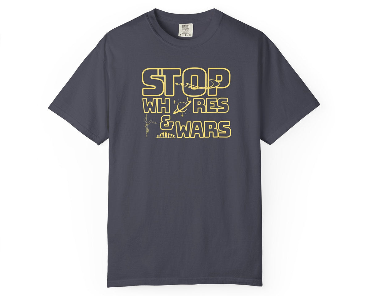 "STOP Wars graphic t-shirt in Navy — heavyweight garment-dyed cotton statement tee"