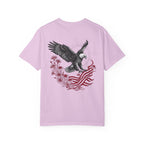 orchid t-shirt with an eagle and flag design on a white background