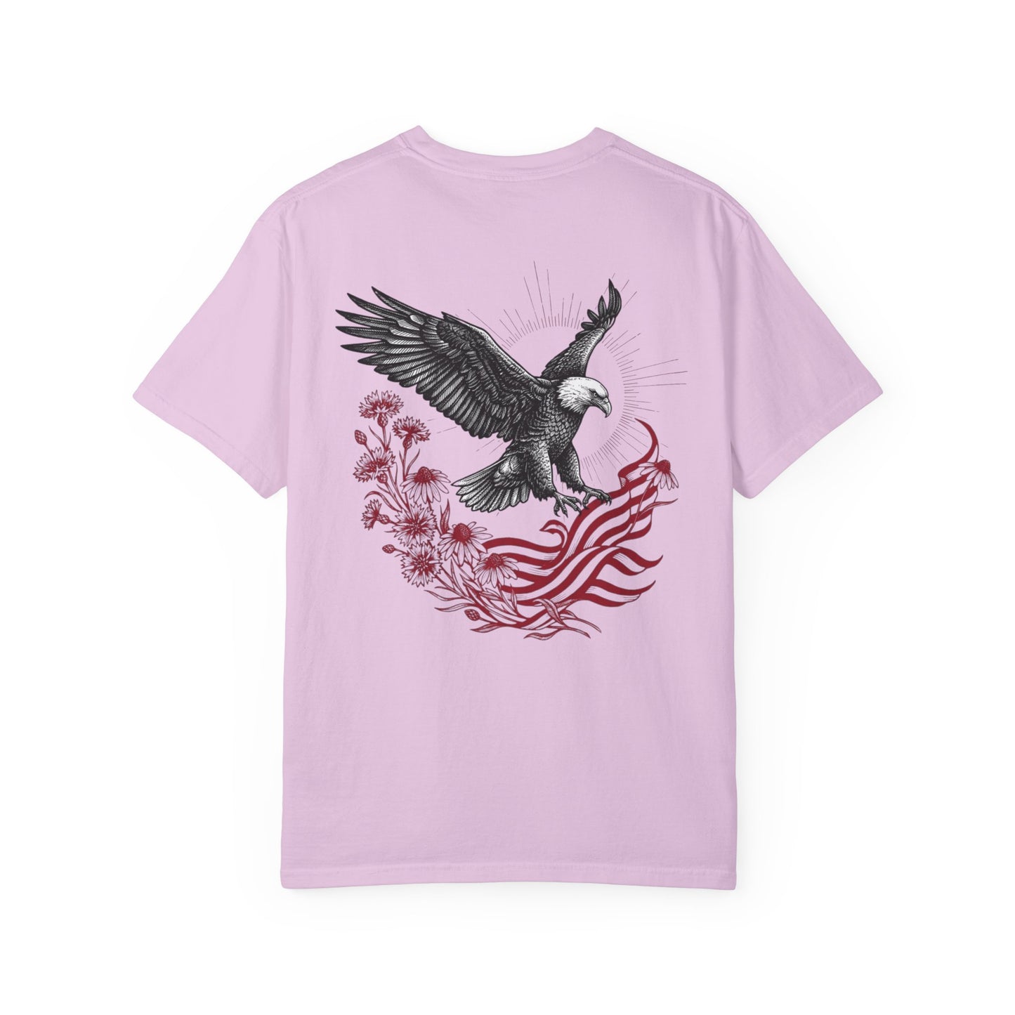 orchid t-shirt with an eagle and flag design on a white background