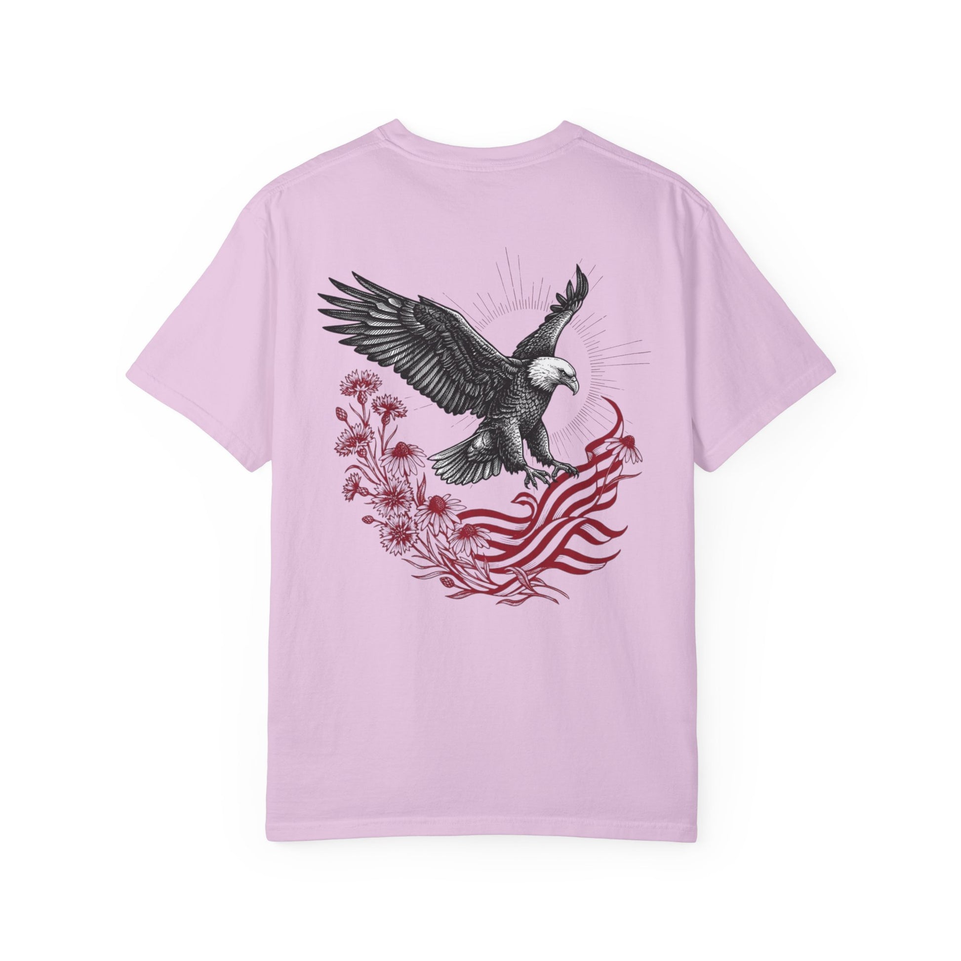 orchid t-shirt with an eagle and flag design on a white background