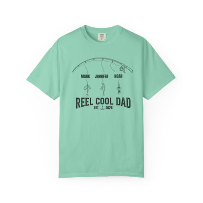 island reef t-shirt with 'Reel Cool Dad' graphic and text on a white background