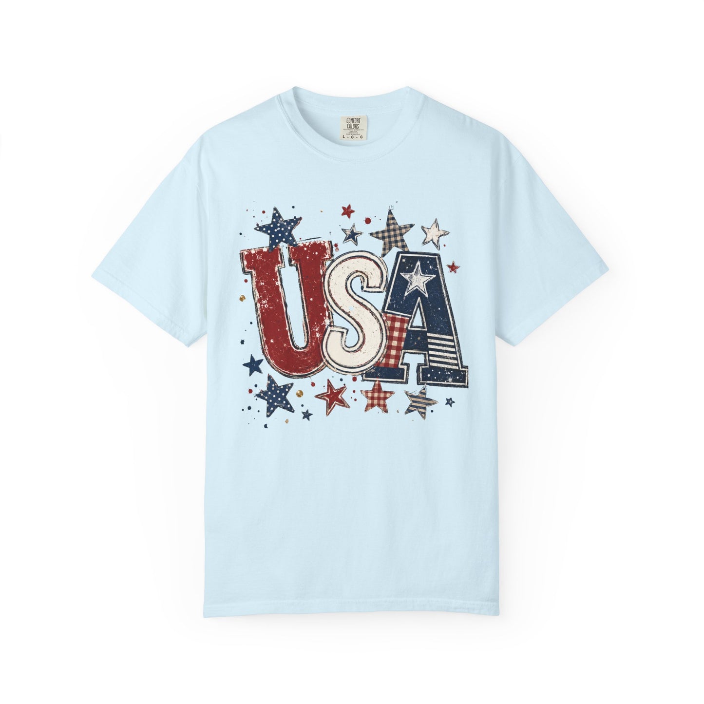 USA Patriotic graphic t-shirt in chambray — garment-dyed unisex tee with distressed stars and stripes

