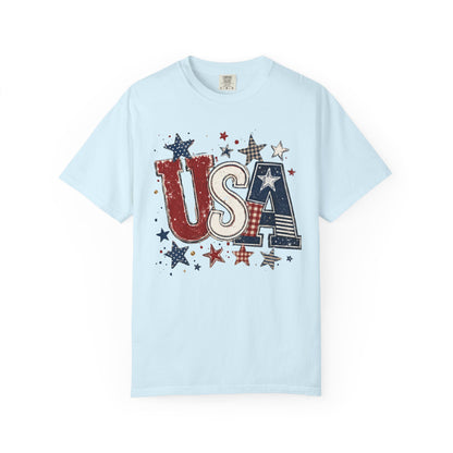 USA Patriotic graphic t-shirt in chambray — garment-dyed unisex tee with distressed stars and stripes

