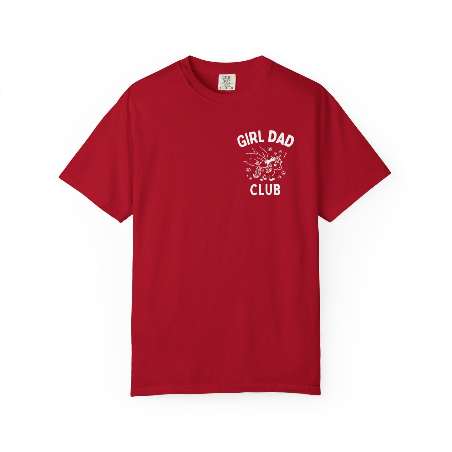 Girl Dad Club red t-shirt with graphic print on a plain background