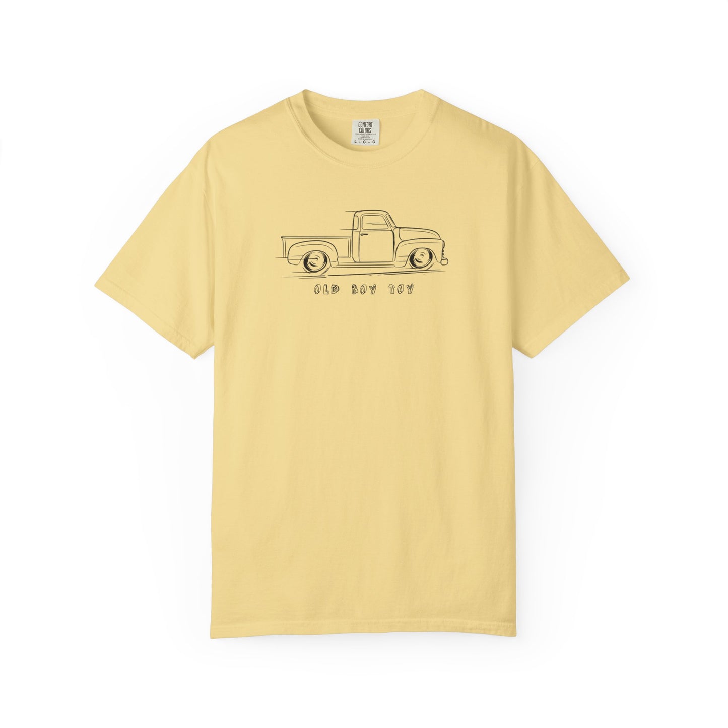 banana t-shirt with graphic of a vintage truck text  says old boy toy on a white background