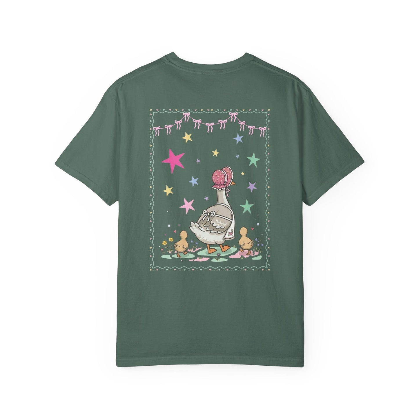 blue spruce t-shirts with front and back graphic designs of a mother goose her ducklings with phrase "everyday im mothering" and text on a white background