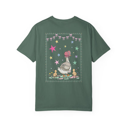 blue spruce t-shirts with front and back graphic designs of a mother goose her ducklings with phrase "everyday im mothering" and text on a white background