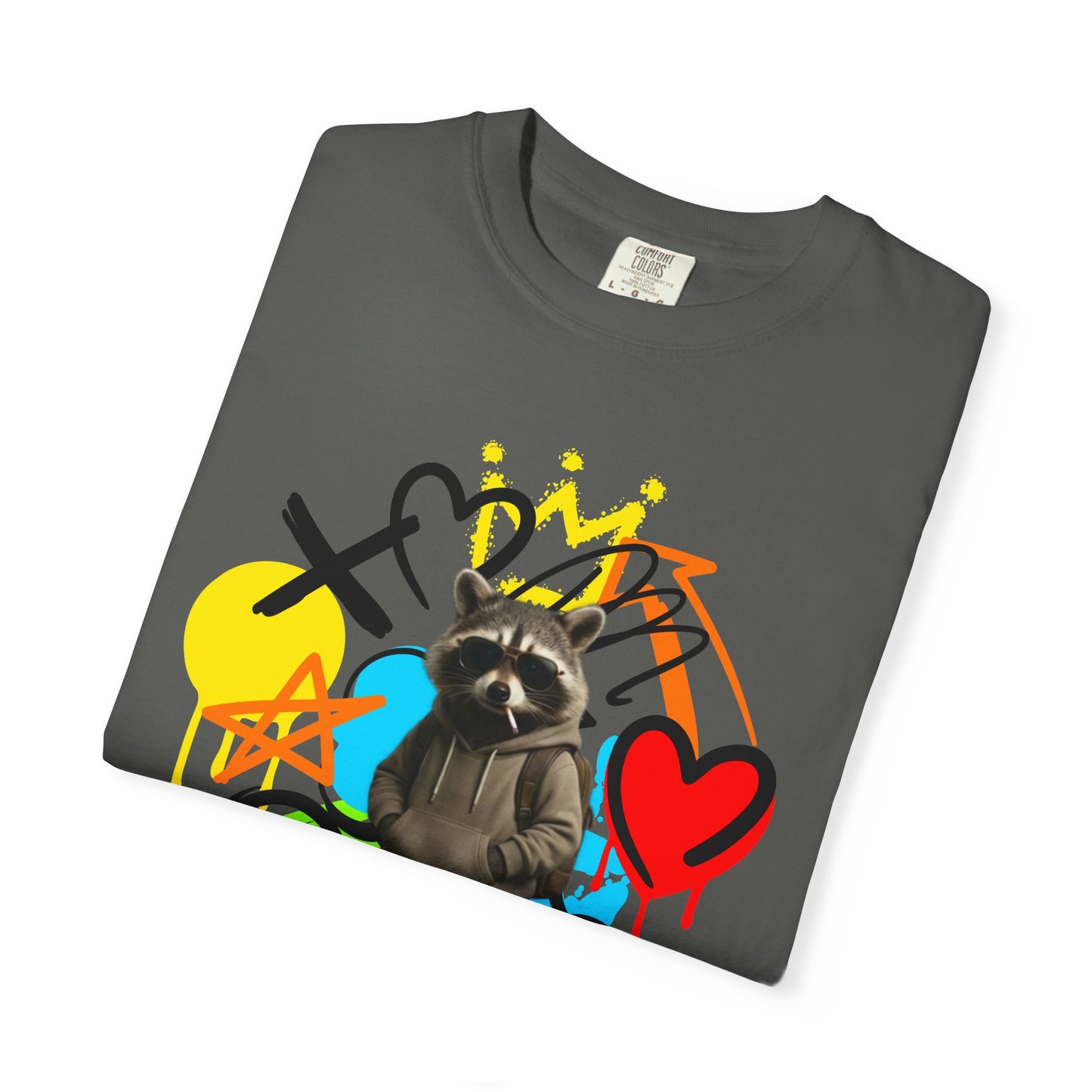Graffiti Raccoon T-Shirt — Street Art Graphic Tee with Heart & Crown