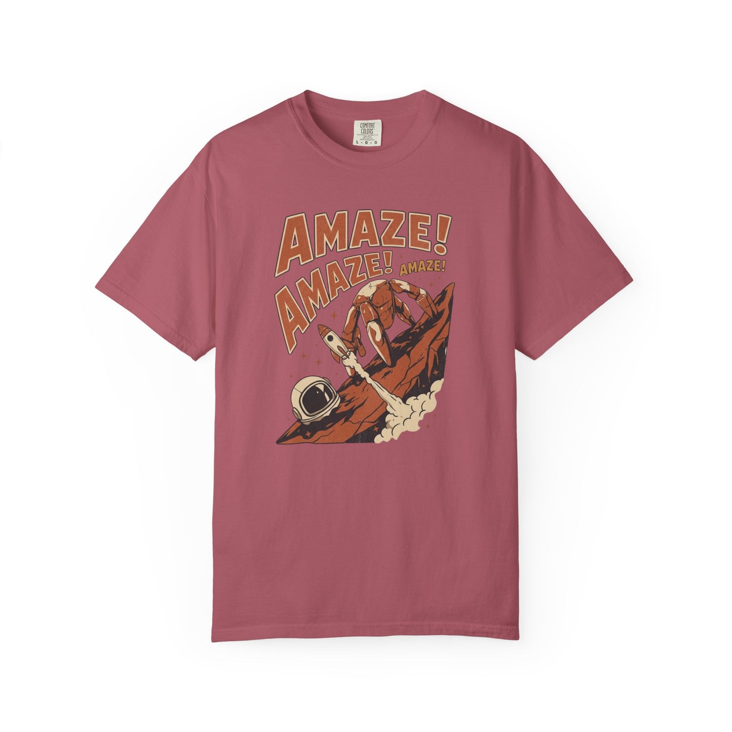 Amaze Rocky Comfort Colors Shirt in Crimson – sci-fi graphic tee, soft garment-dyed unisex fit