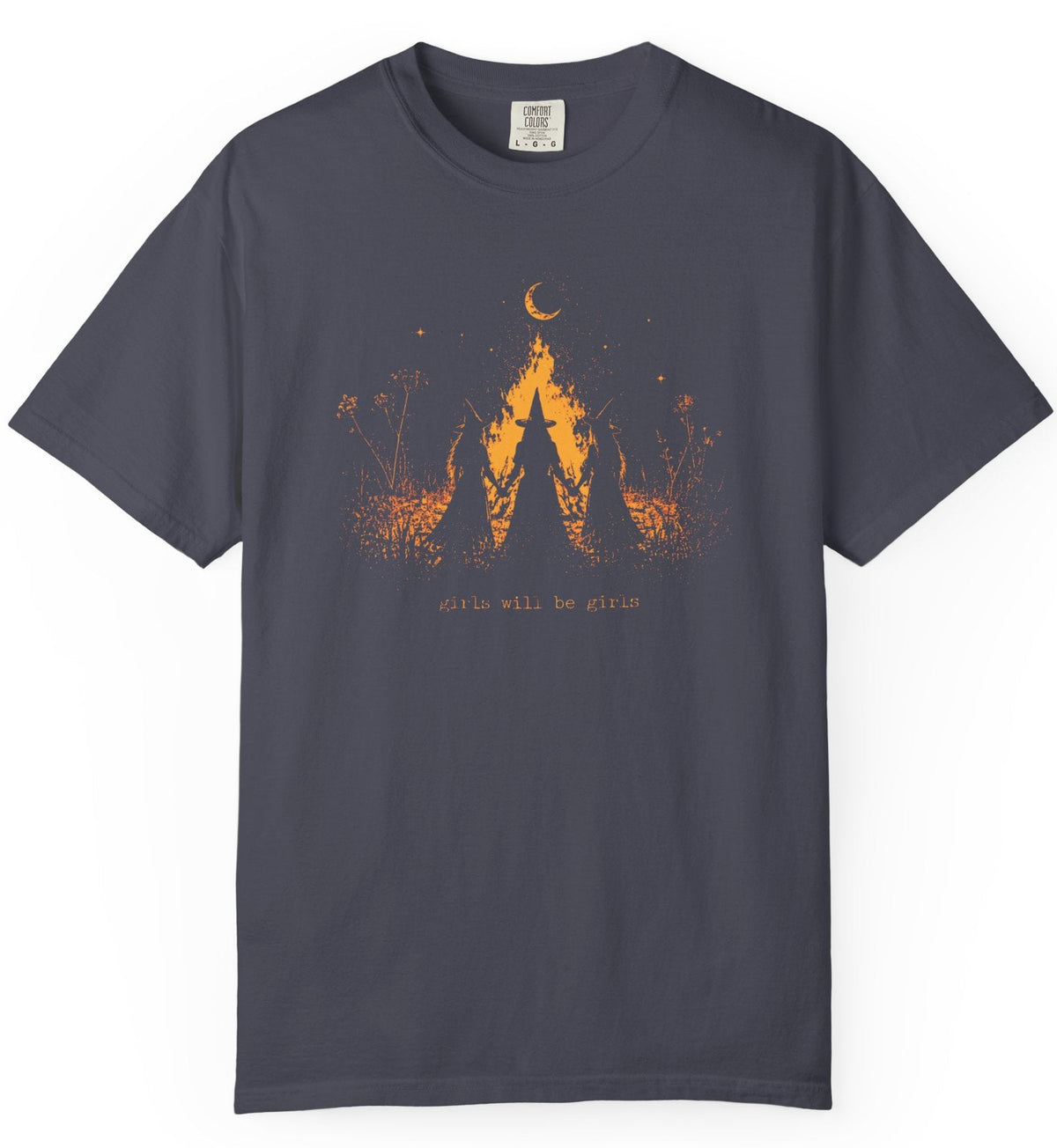 Girls Will Be Girls witch graphic tee in Navy — coven of witches around a campfire with crescent moon, feminist occult design front and back design 
