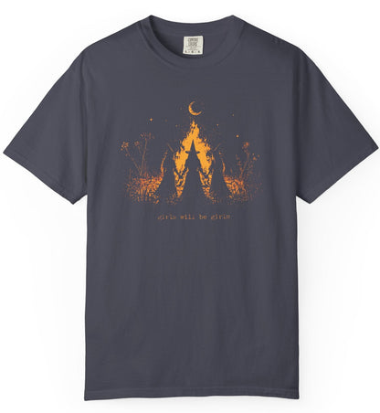 Girls Will Be Girls witch graphic tee in Navy — coven of witches around a campfire with crescent moon, feminist occult design front and back design 