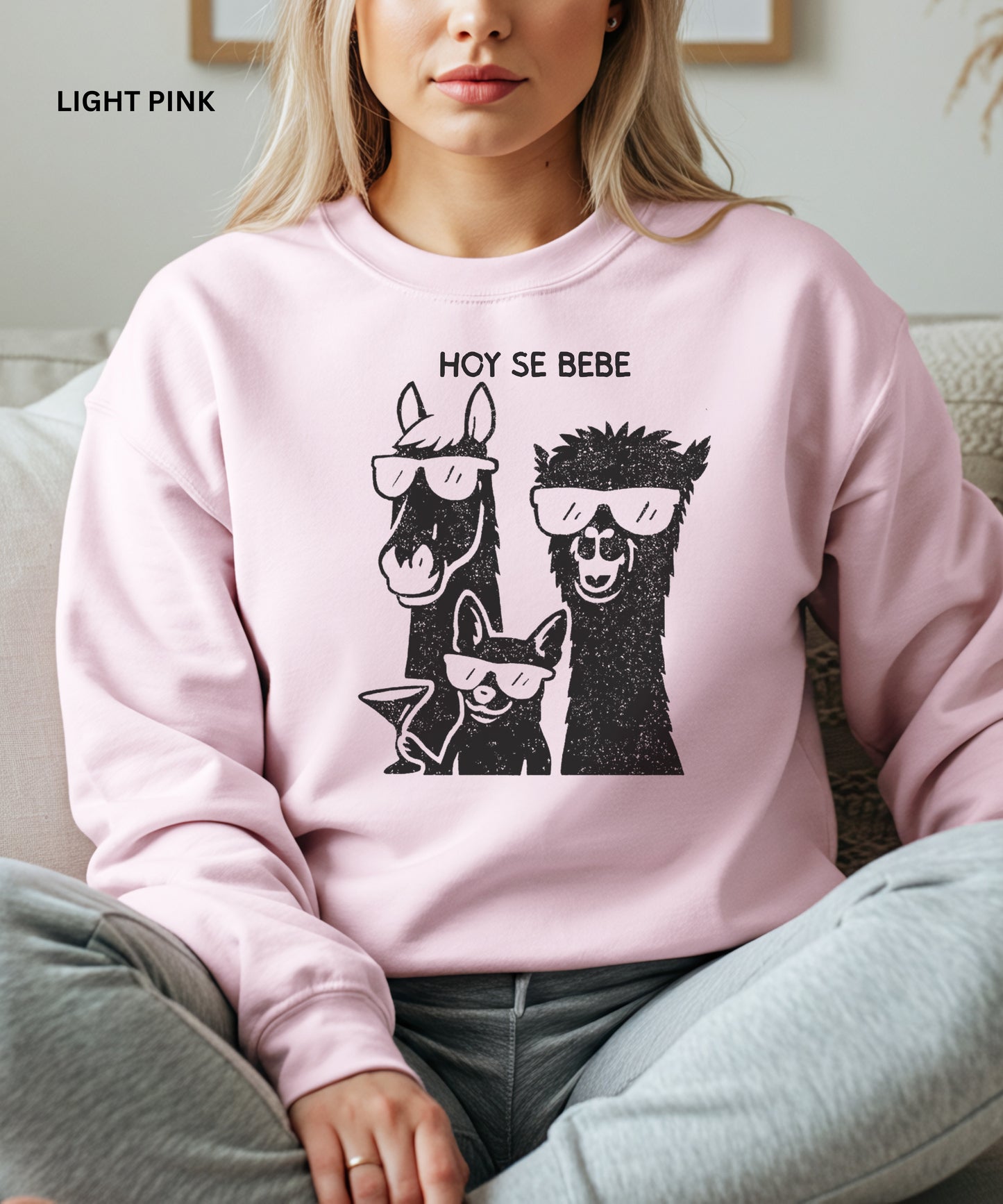 Person wearing a light pink sweatshirt with llama and dog graphic and 'HOY SE BEBE' text.