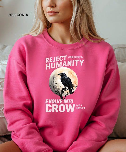 Person wearing a pink sweatshirt with a graphic design that says "reject humanity evolve into crow" sitting on a couch.