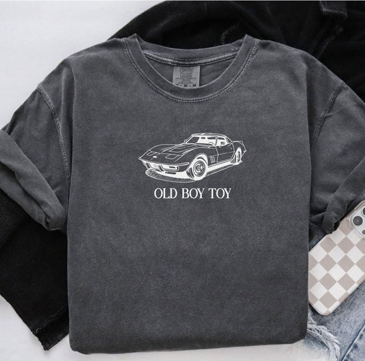 Gray sweatshirt with a car graphic and 'Old Boy Toy' text on a white background