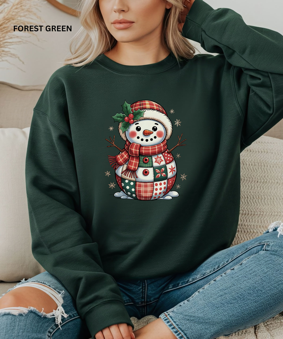 Cozy Faux Patchwork Snowman Christmas Sweatshirt