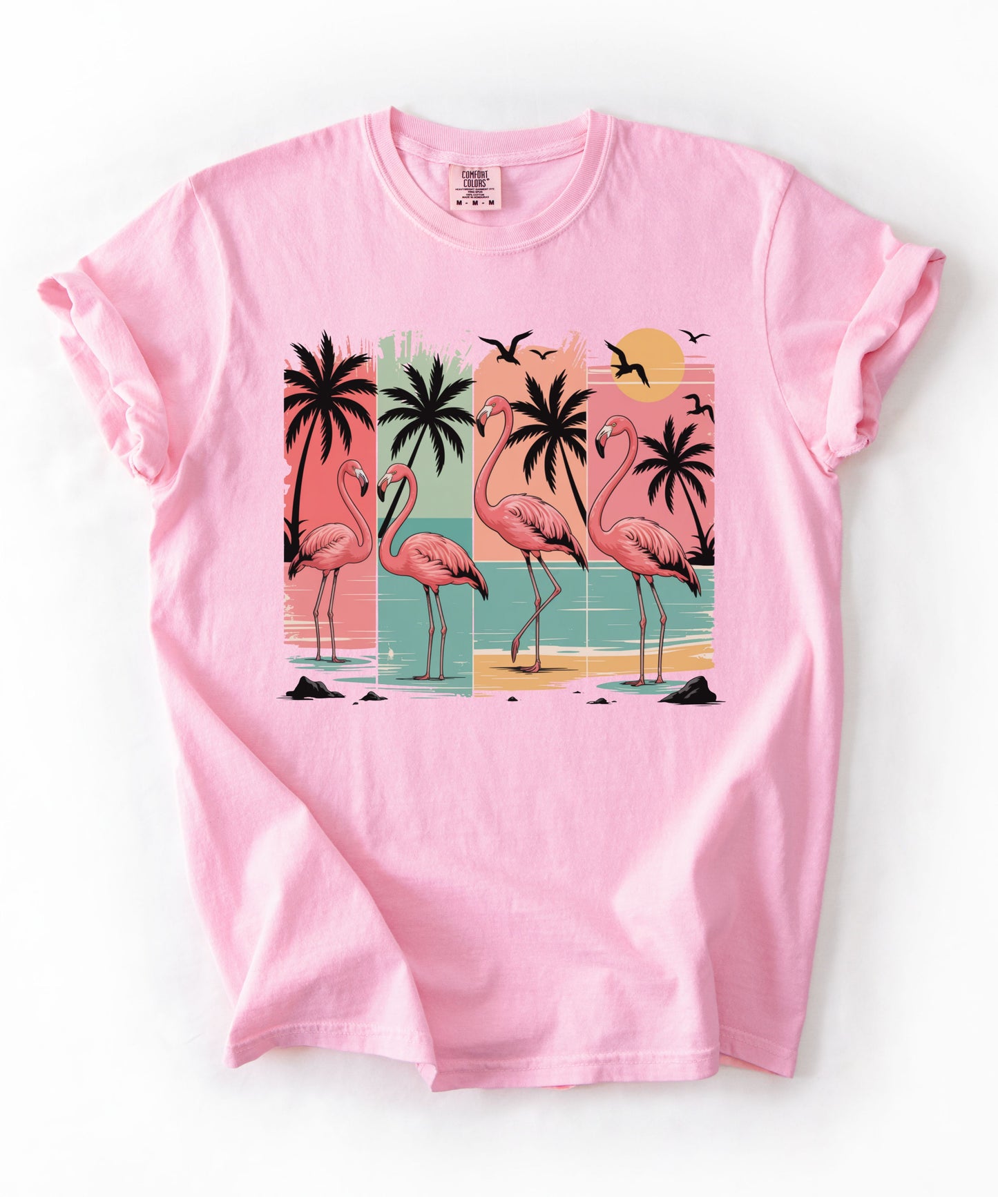 Flamingo Sunset T-Shirt — Tropical Beach Palm Graphic Tee