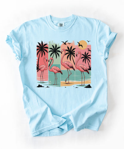 Flamingo Sunset T-Shirt — Tropical Beach Palm Graphic Tee