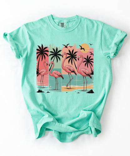 Flamingo Sunset T-Shirt — Tropical Beach Palm Graphic Tee