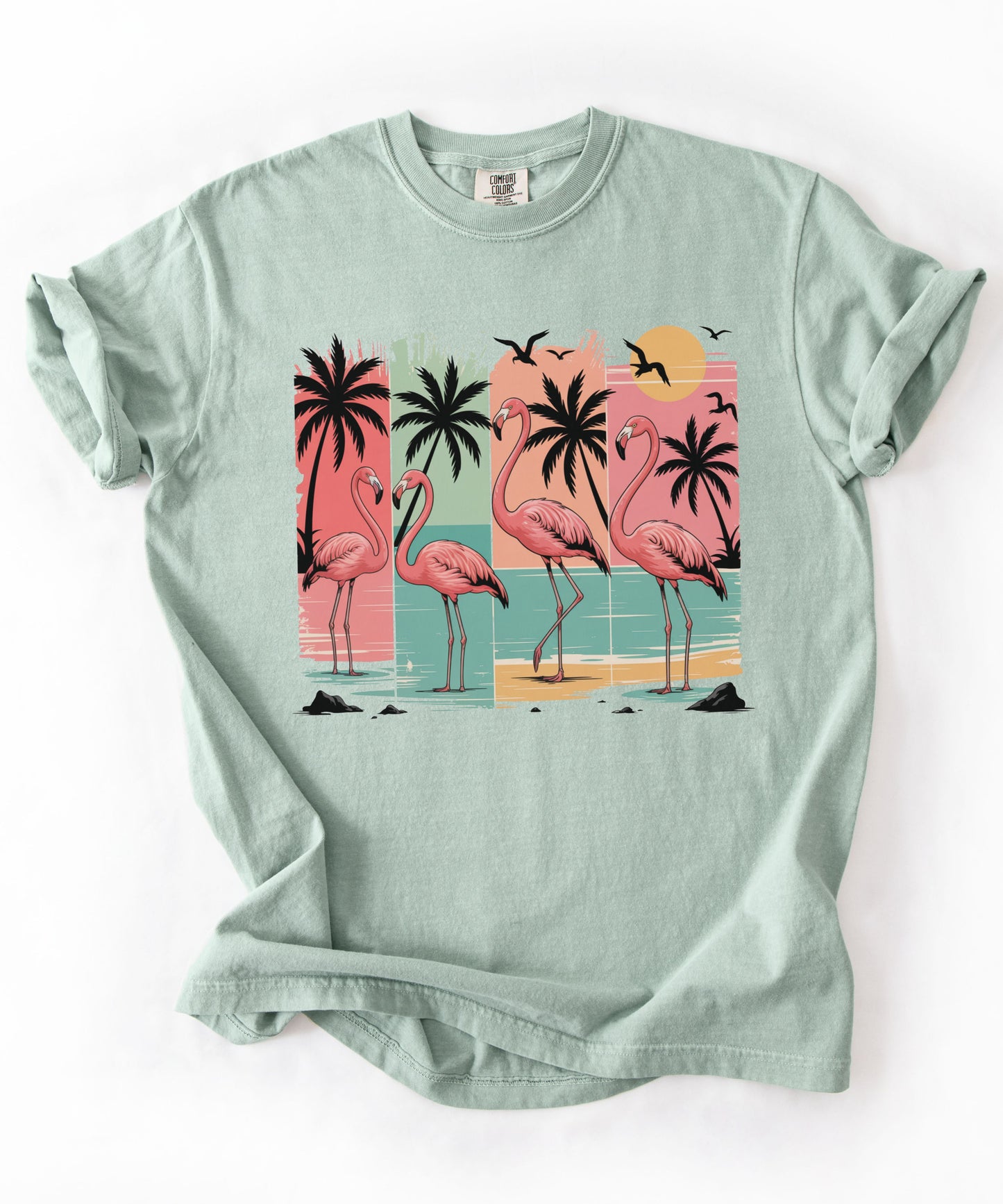 Flamingo Sunset T-Shirt — Tropical Beach Palm Graphic Tee
