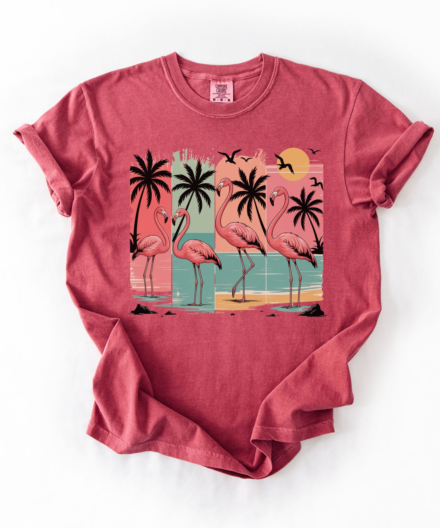 Flamingo Sunset T-Shirt — Tropical Beach Palm Graphic Tee