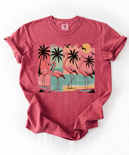 Flamingo Sunset T-Shirt — Tropical Beach Palm Graphic Tee