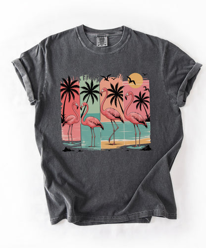 Flamingo Sunset T-Shirt — Tropical Beach Palm Graphic Tee
