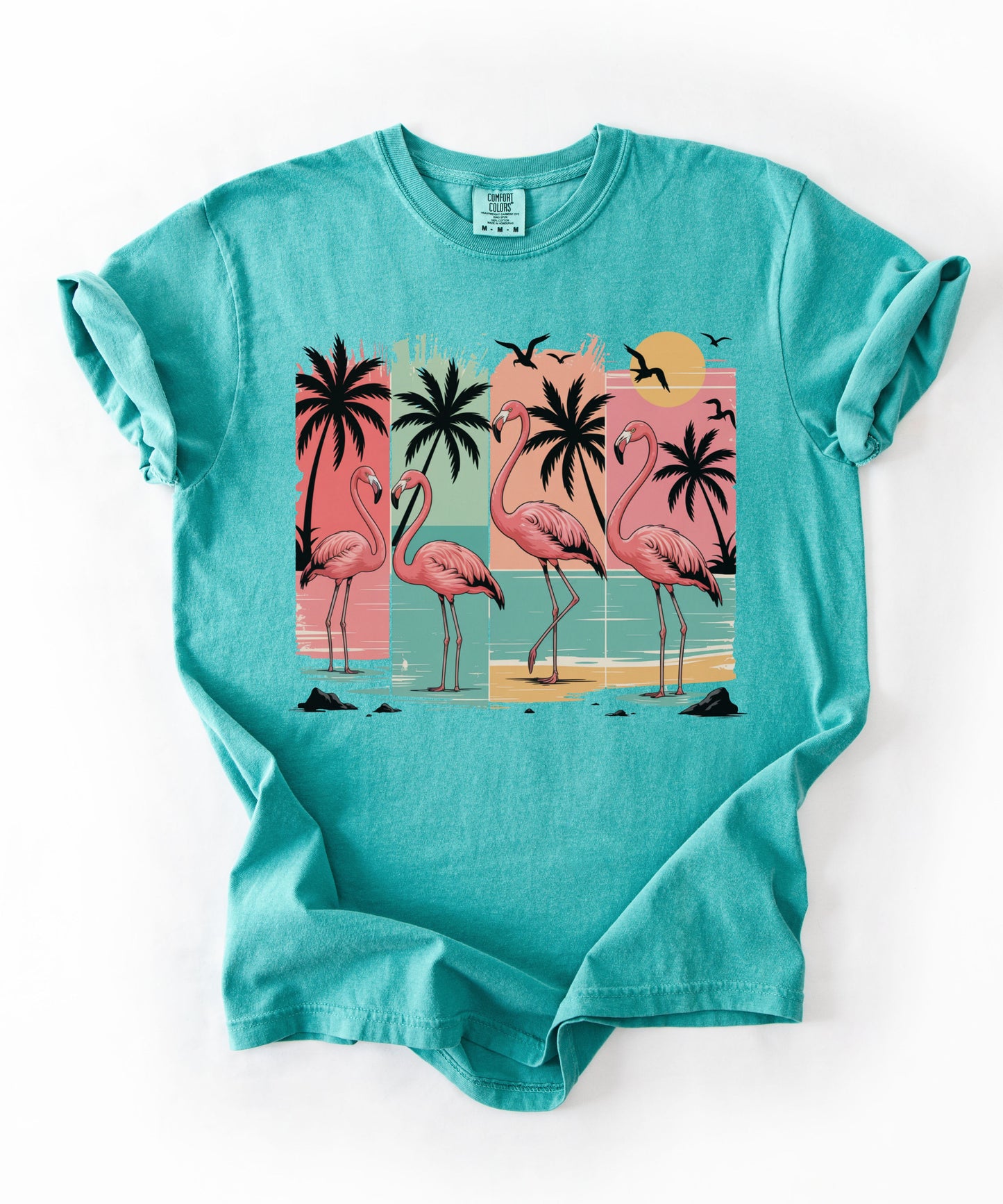 Flamingo Sunset T-Shirt — Tropical Beach Palm Graphic Tee