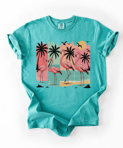 Flamingo Sunset T-Shirt — Tropical Beach Palm Graphic Tee