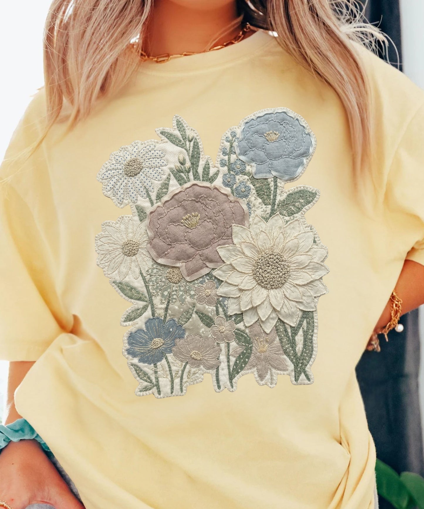 Vintage Floral Faux Patchwork Comfort Colors T-Shirt
