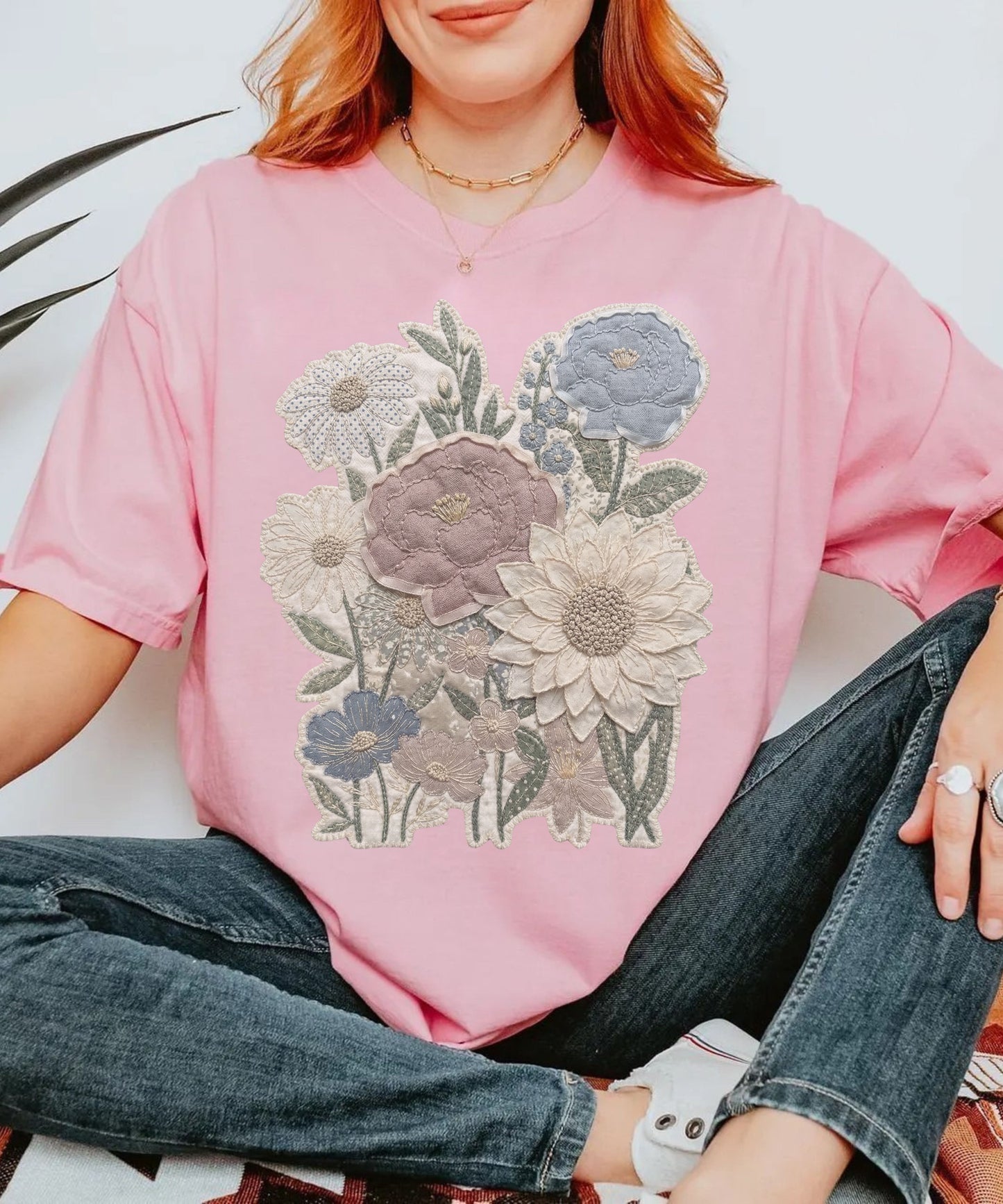 Vintage Floral Faux Patchwork Comfort Colors T-Shirt