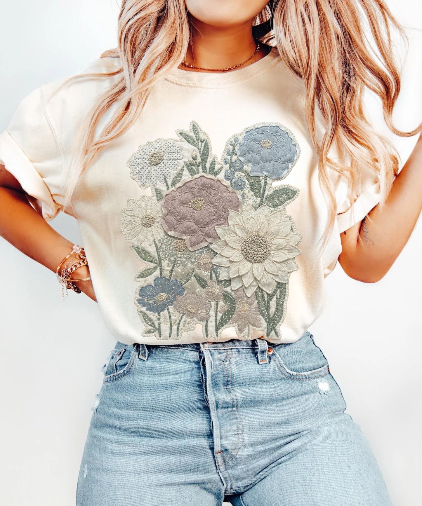 Vintage Floral Faux Patchwork Comfort Colors T-Shirt