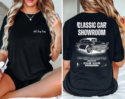 Classic Car Showroom Graphic T-Shirt — 'Old Boy Toy' Vintage Car Tee