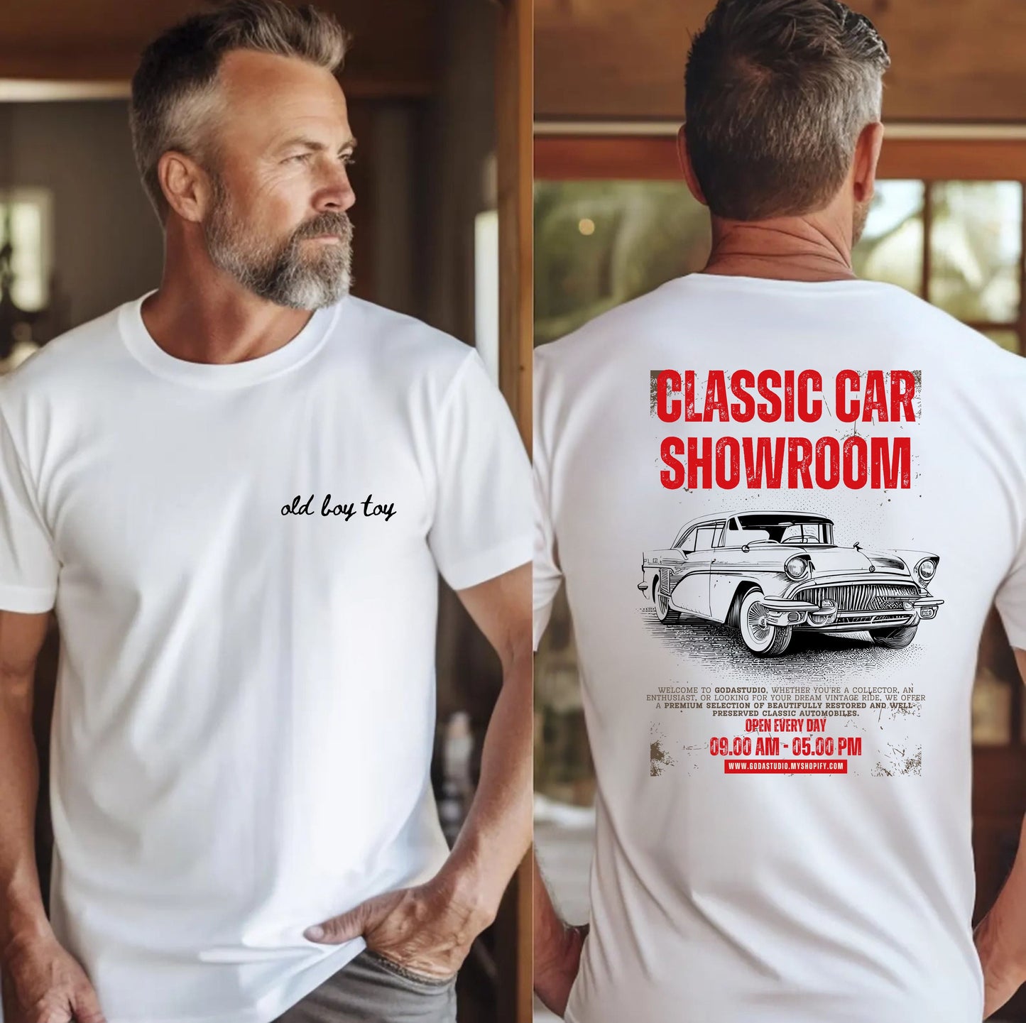Classic Car Showroom Graphic T-Shirt — 'Old Boy Toy' Vintage Car Tee