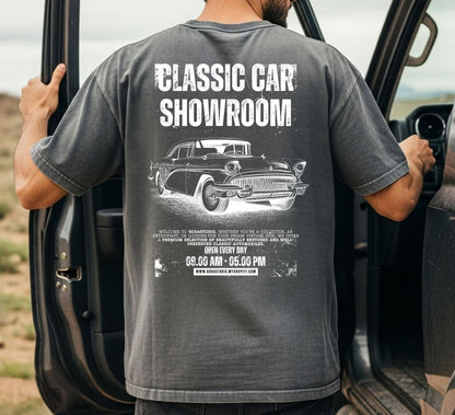 Classic Car Showroom Graphic T-Shirt — 'Old Boy Toy' Vintage Car Tee
