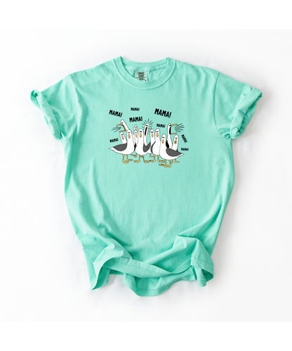 island reef  t-shirt with cartoon penguins screaming "Mama"  design and text 
