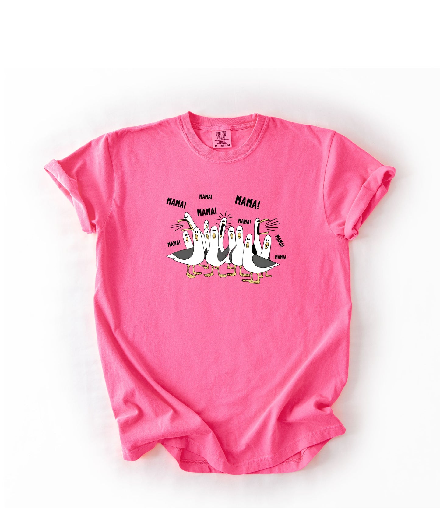 neon pink t-shirt with cartoon penguins screaming "Mama"  design and text 