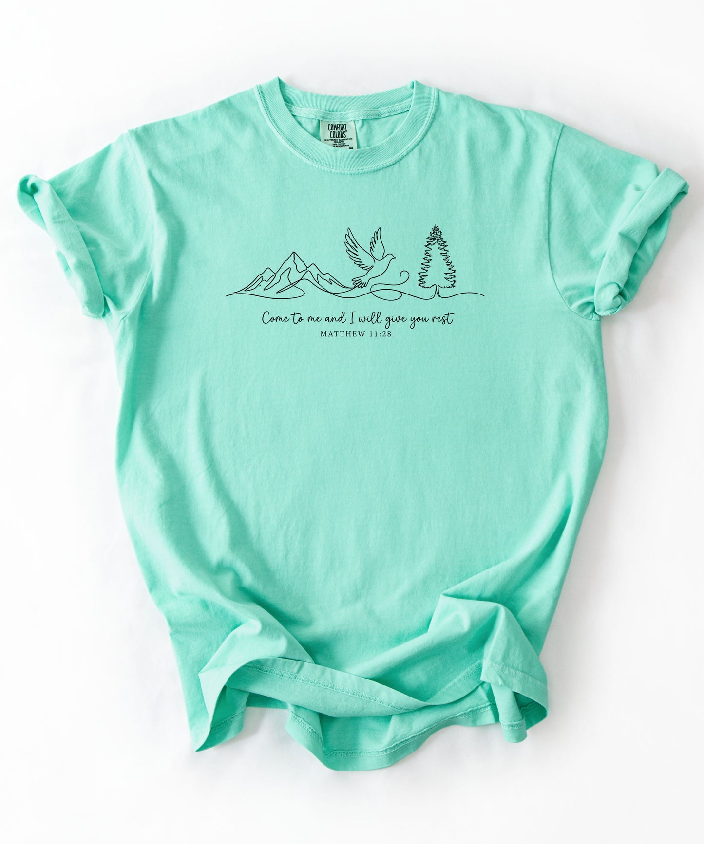 a island reef t-shirt with nature-themed design and text that says "come to me and i will give you rest matthew 11:28" 