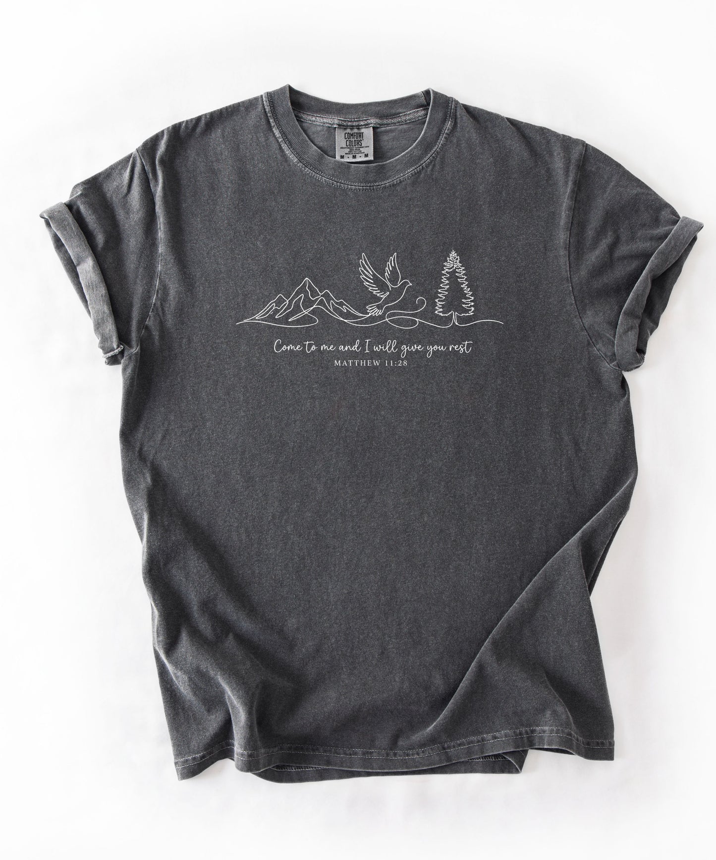a pepper  t-shirt with nature-themed design and text that says "come to me and i will give you rest matthew 11:28" 