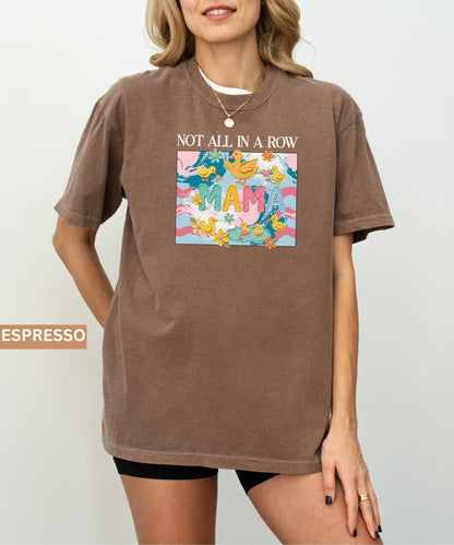 espresso "mama" t-shirt with colorful graphic design featuring ducks and text on a white background.
