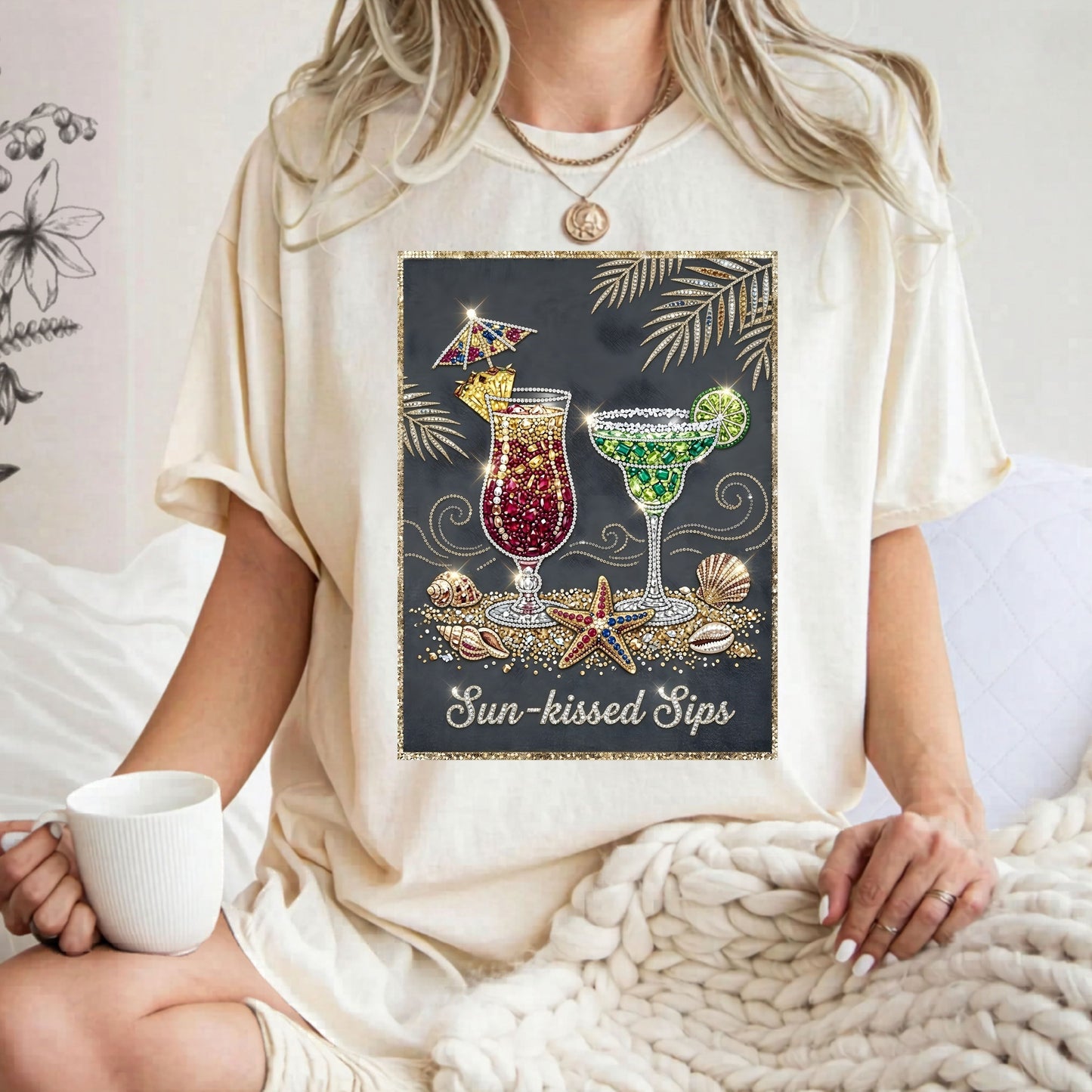 Person wearing a n ivory t-shirt with a 'Sun-kissed Sips' design holding a mug.

