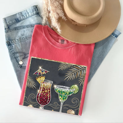 watermelon color t-shirt with cocktail design on a white background