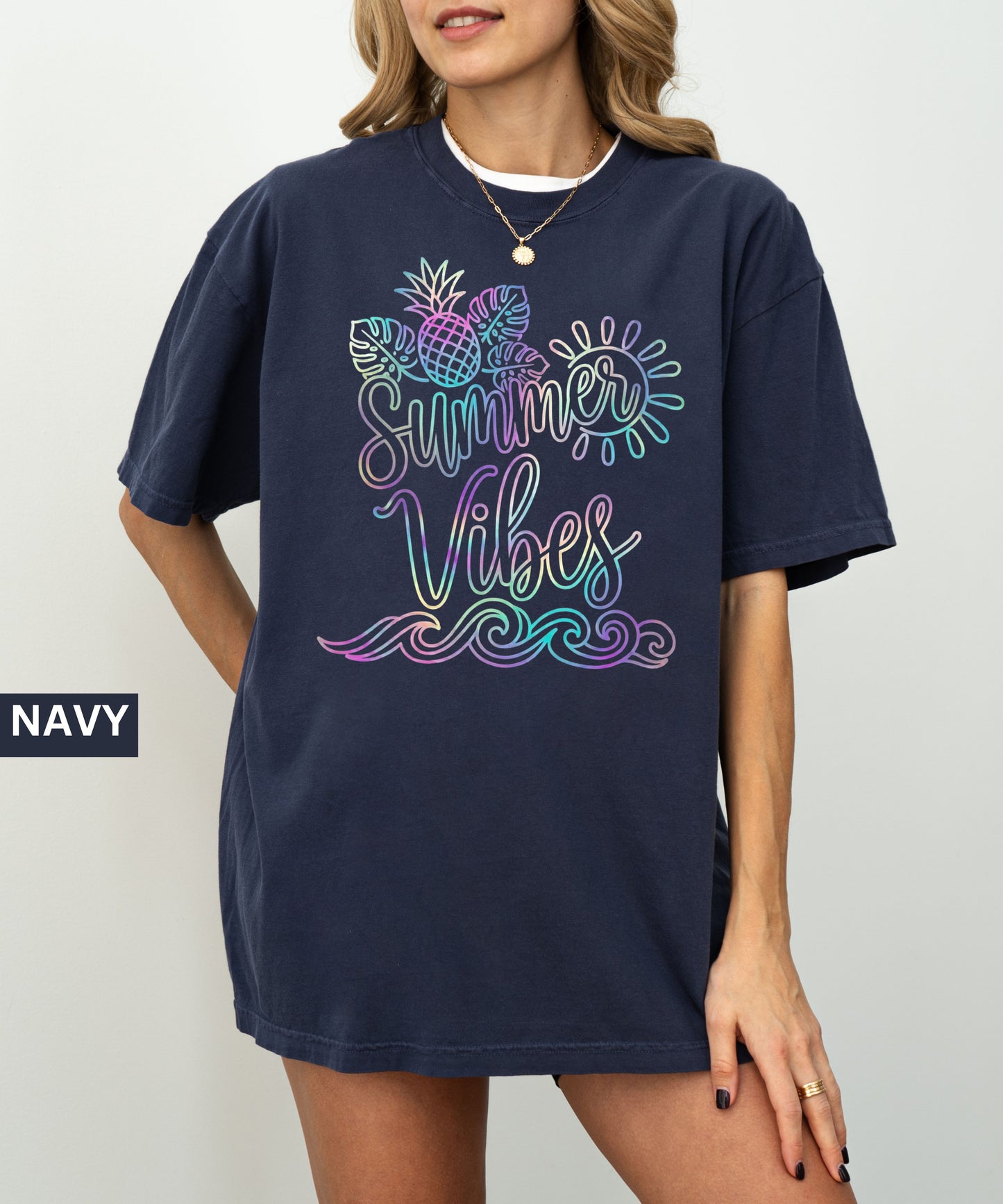 Navy t-shirt with 'Summer Vibes' design on a plain background