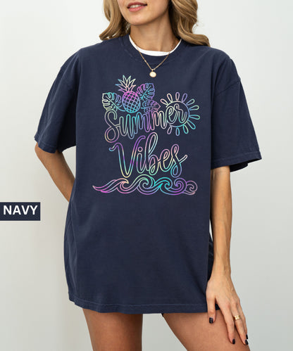 Navy t-shirt with 'Summer Vibes' design on a plain background