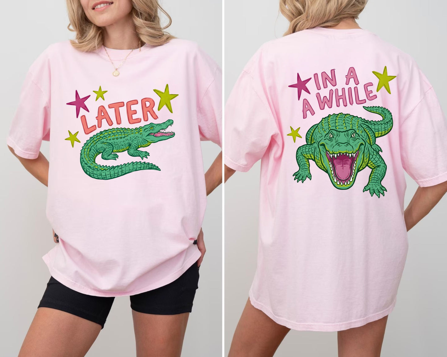blossom t-shirts with alligator graphics on front "later gator" and the text on back i"n a while crocodile"a plain background
