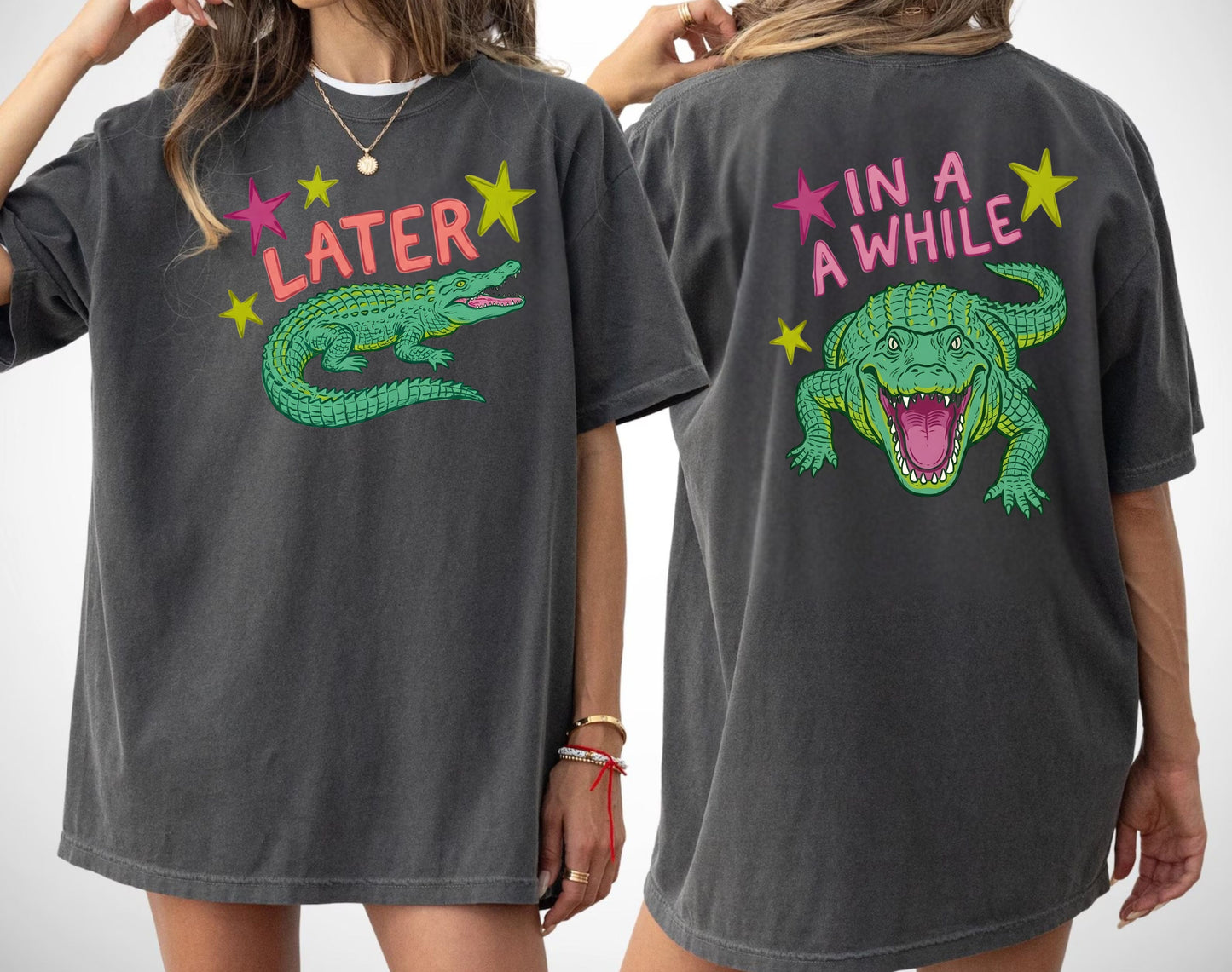 pepper t-shirts with alligator graphics on front "later gator" and the text on back i"n a while crocodile"a plain background
