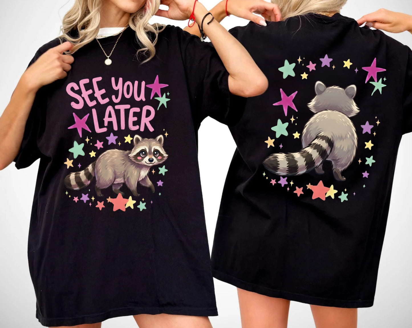 black t-shirt with raccoon graphic and 'See You Later' text on the front with cute raccoon and cute raccoon on back of shirt on a white background