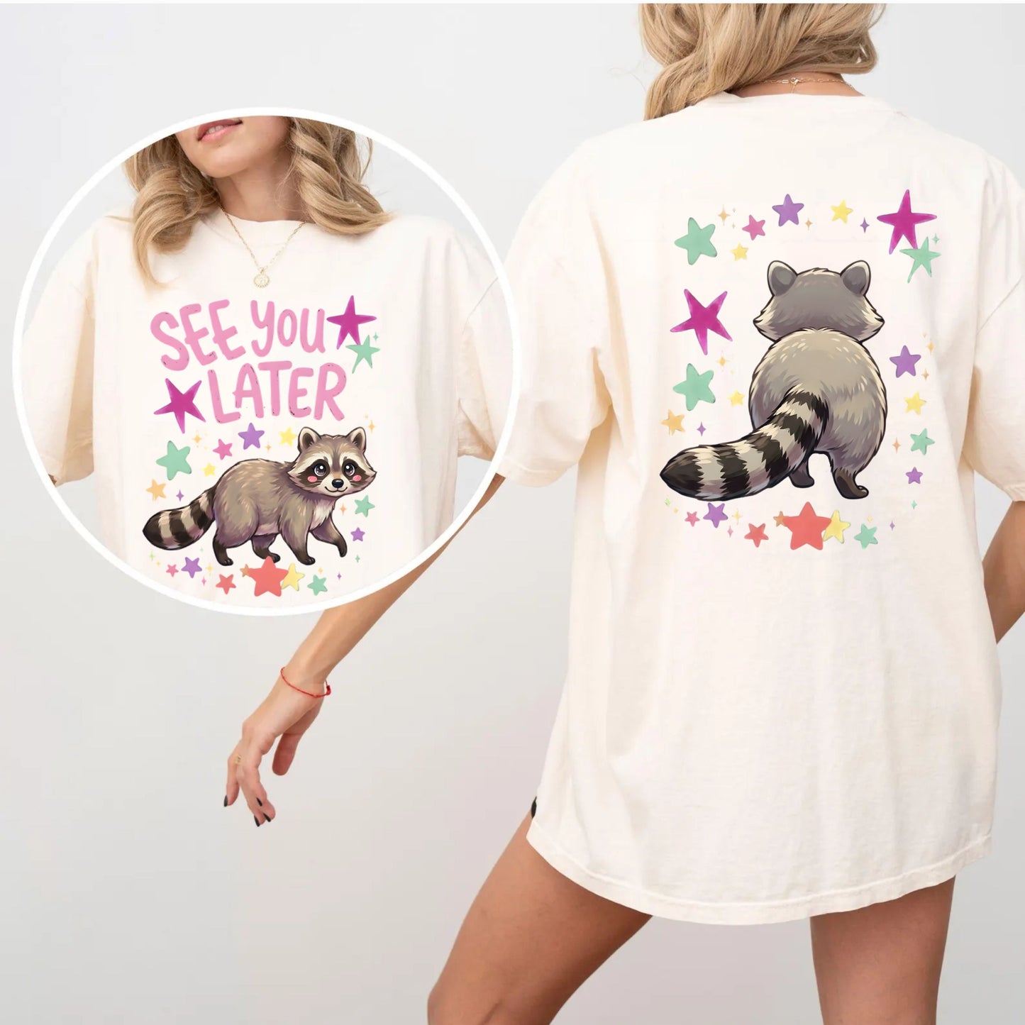 Ivory t-shirt with raccoon graphic and 'See You Later' text on the front with cute raccoon and cute raccoon on back of shirt on a white background